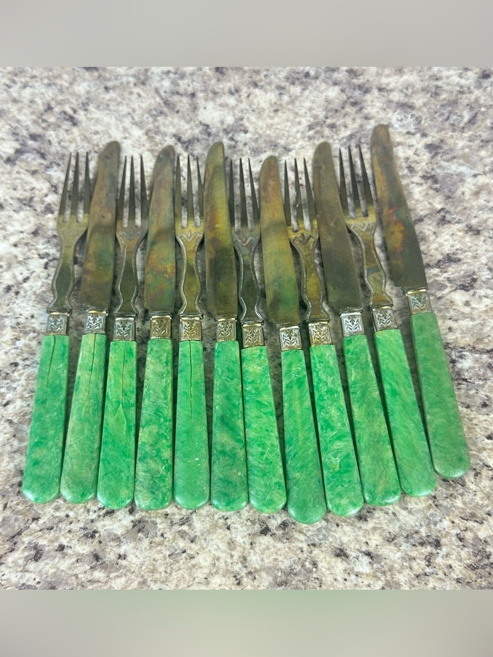 Set of 12 Antique French Vermeil Green Handle Fruit Service Flatware Fork Knife